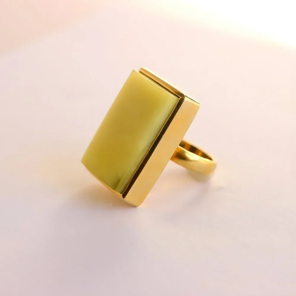 Baltic Butterscotch Lime Amber Statement Ring - 14k Gold Plated Sterling Silver